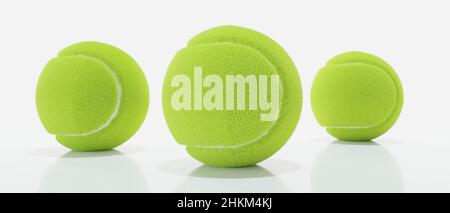 Podio vincitore di tennis, concetto di campionato. Tre palline sportive di dimensioni diverse isolate su bianco, 3D rendering Foto Stock