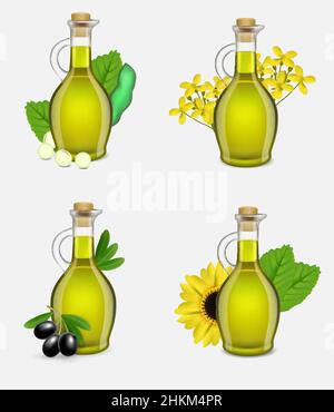 Set di bottiglie in vetro per olio vegetale, illustrazione vettoriale realistica Illustrazione Vettoriale