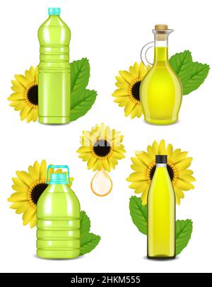 Set di bottiglie di olio di girasole, illustrazione vettoriale realistica Illustrazione Vettoriale