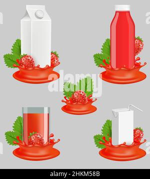 Set di mockup realistico del pacchetto di succo di fragola Illustrazione Vettoriale