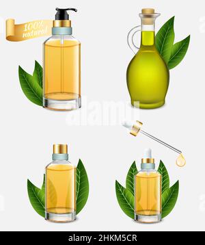 Set di bottiglie di olio per alberi da tè, illustrazione vettoriale realistica Illustrazione Vettoriale