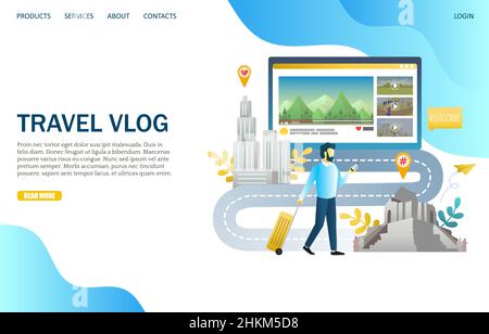 Modello di progettazione della landing page del sito Web Vlog di viaggio Illustrazione Vettoriale