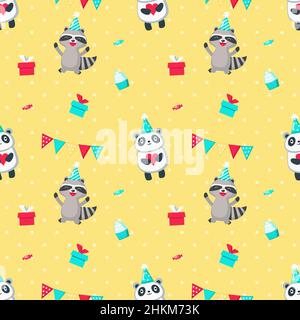 Felice compleanno vettore senza cuciture modello con animali carini Illustrazione Vettoriale