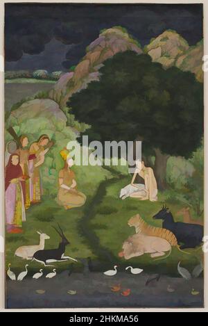 Arte ispirata da Laylá visita Majnūn nella natura selvaggia, indiana, periodo Mughal, 1526-1858, regno di Aurangzeb, Mughal, regnato 1658-1707, c.1660, inchiostro, acquerello opaco, E oro su carta, fatto in India, Asia, disegni & acquerelli, dipinti, 12 x 7 13/16 poll. (30,5 x 19,9 cm, opere classiche modernizzate da Artotop con un tuffo di modernità. Forme, colore e valore, impatto visivo accattivante sulle emozioni artistiche attraverso la libertà delle opere d'arte in modo contemporaneo. Un messaggio senza tempo che persegue una nuova direzione selvaggiamente creativa. Artisti che si rivolgono al supporto digitale e creano l'NFT Artotop Foto Stock