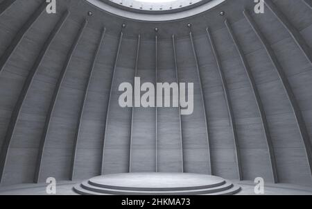 3d illustrazione. Interno futuristico di un reattore o bunker. Altare o palco con un teatro o tempio podio Foto Stock