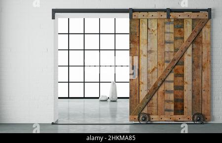 3d illustrazione. Interni moderni in stile loft con porta scorrevole in legno nella camera mansarda. Monolocale Foto Stock