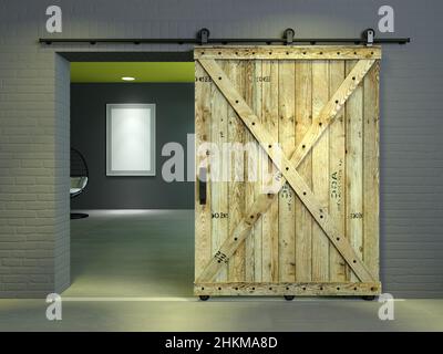 3d illustrazione. Interni moderni in stile loft con porta scorrevole in legno nella camera mansarda. Monolocale Foto Stock