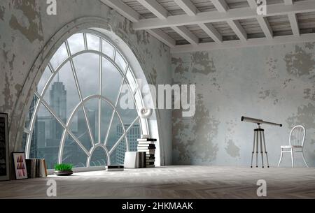 3d illustrazione. Interni mansardati in stile loft con un'enorme finestra ad arco. Panorama della città. Monolocale Foto Stock