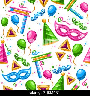 Vector Purim Seamless Pattern, sfondo quadrato ripetitivo con illustrazioni ritagliate di simboli purim tradizionali, vari palloncini vibranti, ha dolce Illustrazione Vettoriale