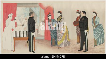 Arte ispirata dalla visita imperiale a un ospedale da campo, Kobayashi Kiyochika, 1847-1915, periodo Meiji, 1868-1912, Takekawa Seikichi, giapponese, attivo alla fine del 19th secolo, 1895, trittico di stampe a blocchi di legno a colori, fatto a Tokyo, Giappone, Asia, stampe, triptico montato: 14 11/16 x 28 3/4 poll. (, opere classiche modernizzate da Artotop con un tuffo di modernità. Forme, colore e valore, impatto visivo accattivante sulle emozioni artistiche attraverso la libertà delle opere d'arte in modo contemporaneo. Un messaggio senza tempo che persegue una nuova direzione selvaggiamente creativa. Artisti che si rivolgono al supporto digitale e creano l'NFT Artotop Foto Stock