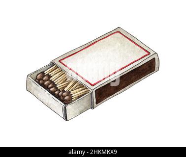 Illustrazione dell'acquerello di un matchbox aperto pieno di corrispondenze rosse. Prendi la fiamma. Accendiate il fuoco. Bastone di legno bruciato. Scarabocchi disegnati a mano. Isolato su wh Foto Stock