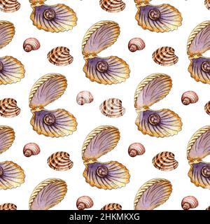 Illustrazione acquerello di un motivo di conchiglie senza giunture con una perla in toni beige. Sfondo marino che si ripete all'infinito. Capesante, vongole e spi Foto Stock