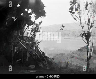 Arte ispirata dal fiume Wanganui (sic) da Taumananui (sic), King Country, studio Burton Brothers, studio fotografico, 1885, Taumarunui, fotografia in bianco e nero, vista attraverso una valle fino al fiume Whanganui. A sinistra è presente una struttura a 'A' parzialmente costruita, opere classiche modernizzate da Artotop con un tuffo di modernità. Forme, colore e valore, impatto visivo accattivante sulle emozioni artistiche attraverso la libertà delle opere d'arte in modo contemporaneo. Un messaggio senza tempo che persegue una nuova direzione selvaggiamente creativa. Artisti che si rivolgono al supporto digitale e creano l'NFT Artotop Foto Stock