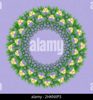 Illustrazione delle uova carine del pulcino di Pasqua come una corona con fiori di fiore di primavera e l'erba su uno sfondo viola con spazio per il testo. Foto Stock