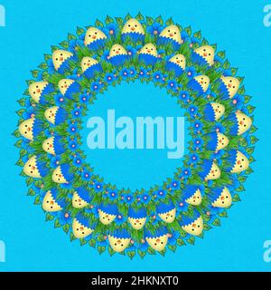 Illustrazione delle uova carine del pulcino di Pasqua come una corona con fiori di fiore di primavera e l'erba su uno sfondo blu con spazio per il testo. Foto Stock