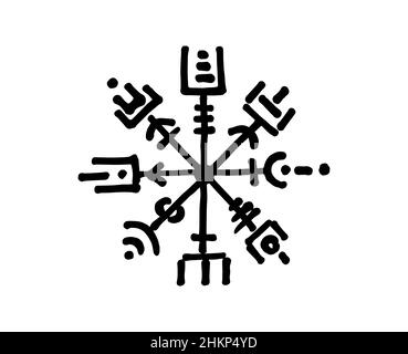 Bussola runica Vegvisir, disegno a matita nera, disegno a mano dei simboli vichinghi, Norse Sacra, logo tatuaggio, simboli magici runge, vettore Illustrazione Vettoriale