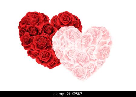 Mazzi di cuore vettoriali di rose rosse e rosa crema fiori isolati su un bianco Illustrazione Vettoriale