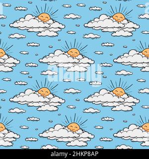 Cute nuvola e sole sfondo vettoriale senza interruzioni. Sorridente sole bambini illustrazione isolato su cielo blu. Sfondo estivo. Design divertente per bambini e abbigliamento per bambini. Illustrazione Vettoriale