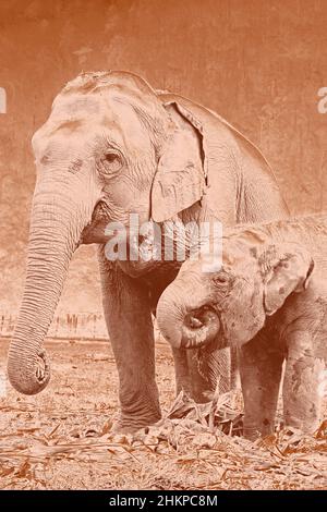 Madre e vitello elefante nutrono al Parco Naturale degli Elefanti, in Thailandia Foto Stock