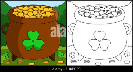 San Patricks Day Pot Gold Coloring Page Vector Illustrazione Vettoriale