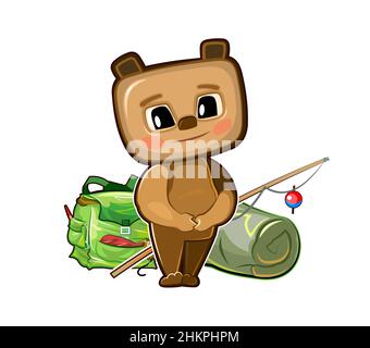 Simpatico e divertente baby Bear. Chiede di prenderlo a pesca. Zaino m canna da pesca. Bambino animale ingenuo. Stile cartoon flat. Illustrazione per i bambini. Isolato Illustrazione Vettoriale