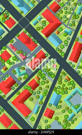 Immagine di sfondo verticale. Strade della città. Superiore, Vista dall'alto. Piccola casa di città e strada. Mappa con strade, alberi ed edifici. Auto moderna. Cartone animato Illustrazione Vettoriale