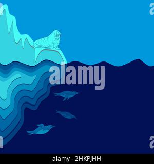 Illustrazione con iceberg, valro e pinguini. Sfondo colorato vettoriale. Illustrazione Vettoriale