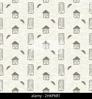 Mano disegnato Doodle casa lino effetto texture pattern. Stampa decorativa in tessuto grigio naturale senza cuciture per carta da parati in tela. Foto Stock