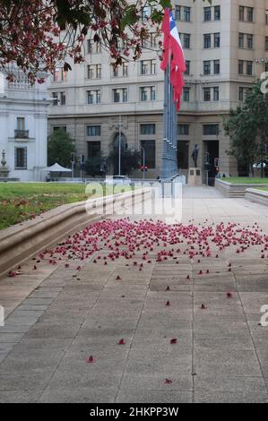 Bandiere del Cile ondeggianti nella piazza del palazzo Moneda a Santiago, Cile Foto Stock
