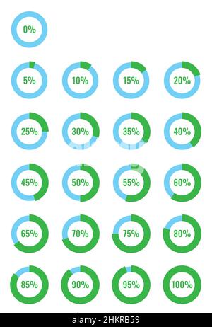 Set di vettori infografici di icone di grafico a torta percentuale 0, 5, 10, 15, 20, 25, 30, 35, 40, 45, 50, 55, 60, 65, 70, 75, 80, 85, 90, 95, 100 Illustrazione Vettoriale