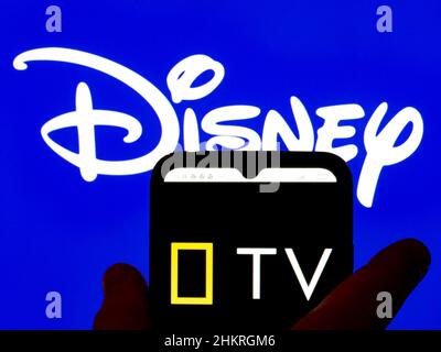 In questa illustrazione, il logo National Geographic Television viene visualizzato sullo schermo di uno smartphone con il logo Disney sullo sfondo. Foto Stock