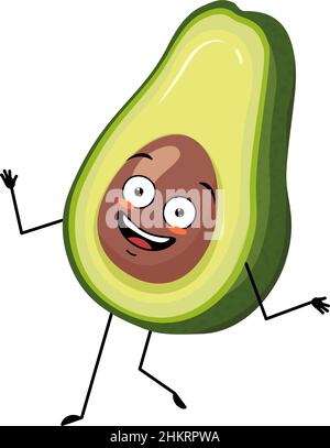 Personaggio avocado con follia emozione felice, viso gioioso, occhi sorridenti, braccia e gambe danzanti. Persona con emoticon di espressione, verdura o frutta. Illustrazione piatta vettoriale Illustrazione Vettoriale