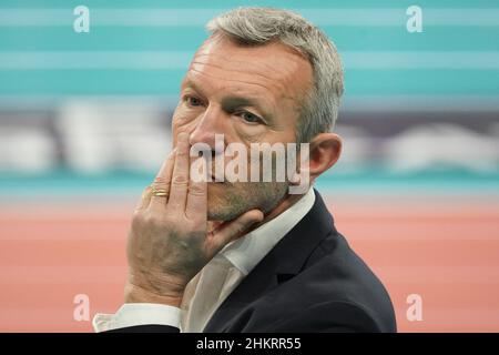 Perugia, Italia. 05th feb, 2022. marco bonitta (1Â° allenatore consar ravenna)ar durante Sir Safety Conad Perugia vs Consar Ravenna, Pallavolo Serie Italiana A Men Superleague Championship a Perugia, Italia, Febbraio 05 2022 Credit: Independent Photo Agency/Alamy Live News Foto Stock
