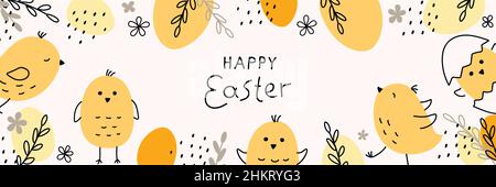 Banner di Pasqua. Design di Pasqua alla moda con tipografia, polli e uova disegnati a mano. Poster orizzontale, biglietto d'auguri, intestazione del sito Web Illustrazione Vettoriale