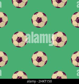 Modello di palline da calcio disegnate a mano su sfondo verde per la stampa e il design.illustrazione vettoriale. Illustrazione Vettoriale