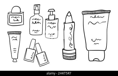 Grande set di articoli cosmetici in stile minimalista disegno a mano. Dispenser per crema, rossetto, bottiglie per lozione, smalto per unghie Illustrazione Vettoriale