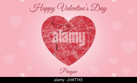 Buon San Valentino carta vacanza orizzontale con mappa di Praga a forma di cuore. Illustrazione vettoriale di colore rosa e rosso. Amore città viaggio paesaggio urbano. Illustrazione Vettoriale