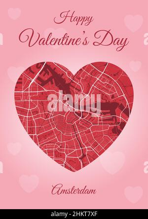 Buon San Valentino vacanza con mappa Amsterdam a forma di cuore. Immagine vettoriale verticale A4 rosa e rosso. Amore città viaggio paesaggio urbano. Illustrazione Vettoriale