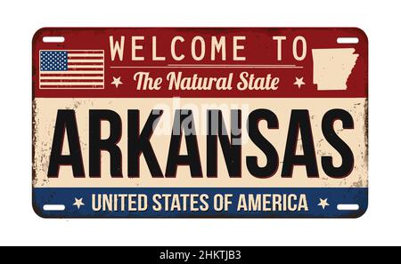 Benvenuto in Arkansas vintage arrugginita targa su sfondo bianco, illustrazione vettoriale Illustrazione Vettoriale