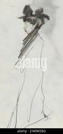 Arte ispirata da donna in piedi con cappello e mantello, di profilo, opere classiche modernizzate da Artotop con un tuffo di modernità. Forme, colore e valore, impatto visivo accattivante sulle emozioni artistiche attraverso la libertà delle opere d'arte in modo contemporaneo. Un messaggio senza tempo che persegue una nuova direzione selvaggiamente creativa. Artisti che si rivolgono al supporto digitale e creano l'NFT Artotop Foto Stock