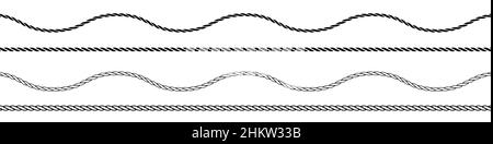 Corda diritta e ondulata, profilo e silhouette monocromatiche nere. Illustrazione vettoriale piatta isolata su sfondo bianco. Illustrazione Vettoriale