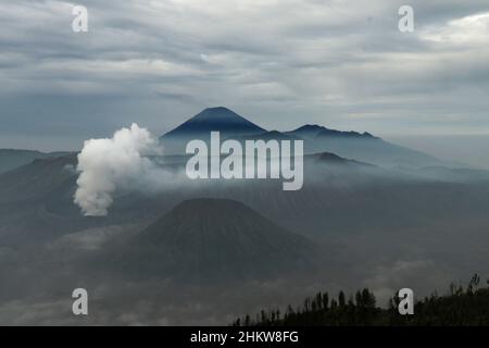 Monte bromo vulcano Gunung bromo, semeru e Batok durante l'alba dal punto di vista sul Monte Penanjakan, a Giava orientale, Indonesia. Mattina presto Foto Stock