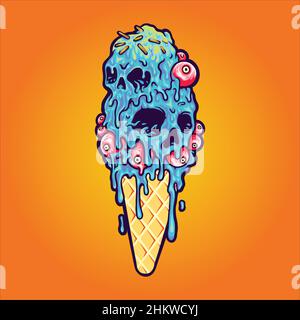 Ice Cream Cone Skull Melting Vector illustrazioni per il tuo lavoro Logo, mascotte merchandise t-shirt, adesivi e disegni etichette, poster, biglietti d'auguri Illustrazione Vettoriale