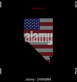 Mappa a punti quadrati del Nevada. Mappa dei pixel punteggiata con colori della bandiera nazionale americana isolati su sfondo nero. Illustrazione. Foto Stock