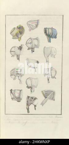 Arte ispirata da Elegantia, o rivista di moda, lusso e gusto per le Signore, 1809 agosto, n. 84: 1. Toquet et Cornette..., secondo il testo di accompagnamento (pag.. 256): Tredici diversi modelli di 'toquets', 'cornetti' (bonnets), 'capotes' di cottonbatiste (percale), 'secondo, opere classiche modernizzate da Artotop con un tuffo di modernità. Forme, colore e valore, impatto visivo accattivante sulle emozioni artistiche attraverso la libertà delle opere d'arte in modo contemporaneo. Un messaggio senza tempo che persegue una nuova direzione selvaggiamente creativa. Artisti che si rivolgono al supporto digitale e creano l'NFT Artotop Foto Stock