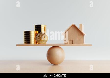 Casa di legno e moneta d'oro su scala di bilanciamento su sfondo bianco. Investimento ipotecario di affari del bene immobile e concetto di prestito finanziario. Risparmio economico Foto Stock