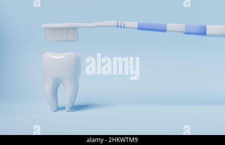 Spazzolare i denti con lo spazzolino su sfondo blu. Assistenza sanitaria e concetto medico. 3D rendering dell'illustrazione Foto Stock