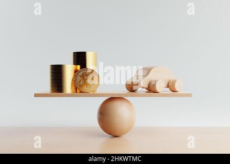 Casa di legno e moneta d'oro su scala di bilanciamento su sfondo bianco. Investimento ipotecario di affari del bene immobile e concetto di prestito finanziario. Risparmio economico Foto Stock