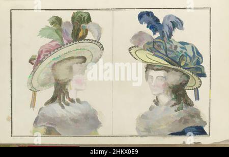 Arte ispirata da Cabinet des Modes ou les Modes Nouvelles, 1 Aout 1786, pl. III, due busti femmina con cappelli di paglia in cornici. Secondo il testo di accompagnamento, la donna a sinistra indossa un caraco giallo e ha un cappello di paglia sulla testa, decorato con piume e un nastro a righe, opere classiche modernizzate da Artotop con un tuffo di modernità. Forme, colore e valore, impatto visivo accattivante sulle emozioni artistiche attraverso la libertà delle opere d'arte in modo contemporaneo. Un messaggio senza tempo che persegue una nuova direzione selvaggiamente creativa. Artisti che si rivolgono al supporto digitale e creano l'NFT Artotop Foto Stock