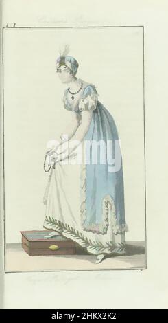 Art Inspired by Journal des Dames et des Modes, Frankfurt Edition 18 avril 1808, Costume Parisien (16): Toque et Redingotte à la Polonaise, secondo il testo di accompagnamento (p.. 77): Toque à la Polonaise con aigrette. Come orecchini di gioielli con perle, una collana di perle e un braccialetto di, opere classiche modernizzate da Artotop con un tuffo di modernità. Forme, colore e valore, impatto visivo accattivante sulle emozioni artistiche attraverso la libertà delle opere d'arte in modo contemporaneo. Un messaggio senza tempo che persegue una nuova direzione selvaggiamente creativa. Artisti che si rivolgono al supporto digitale e creano l'NFT Artotop Foto Stock